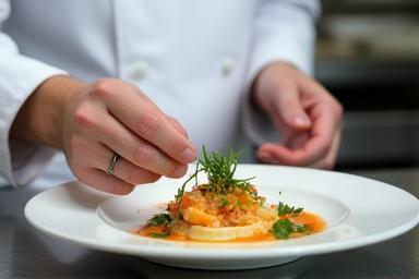 Chef meticulously garnishing a plate in the kitchen